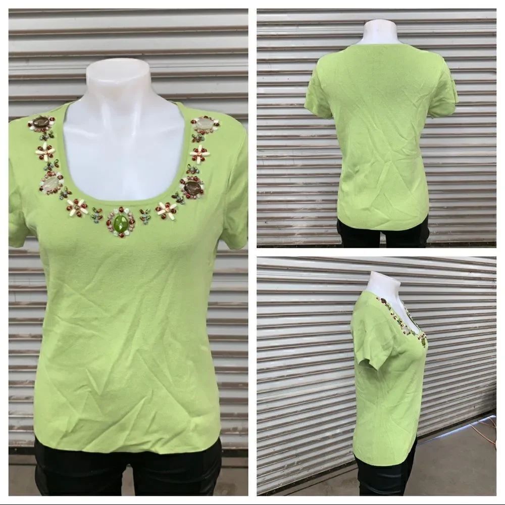 Multiples shirt sleeve top with embellished neck